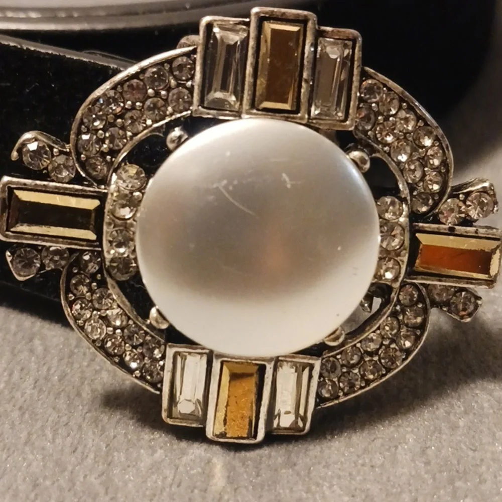 White House Black Market Black Belt with Pearl and Crystal Center Buckle